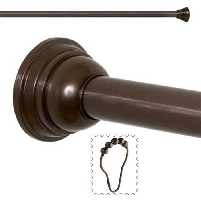 Oil Rubbed Bronze Decorative Adjustable Tension Shower Curtain Rod & Ring Hooks