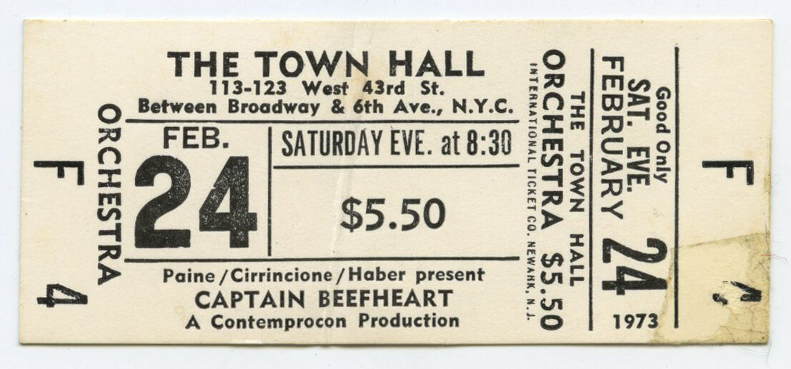 Captain Beefheart New York Dolls Original 1973 Complete Unused Concert Ticket
