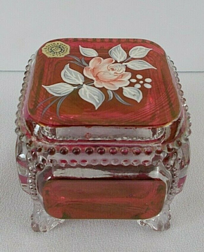 Westmoreland Glass Ruby Flash Footed Trinket, Hp With Roses, Orig Tag 2-3/4 In