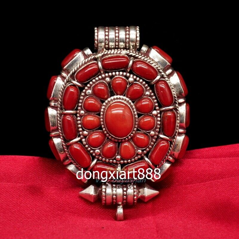Tibet Pure Silver Inlay Coral Niche For A Statue Of The Buddha Shrine Pendants