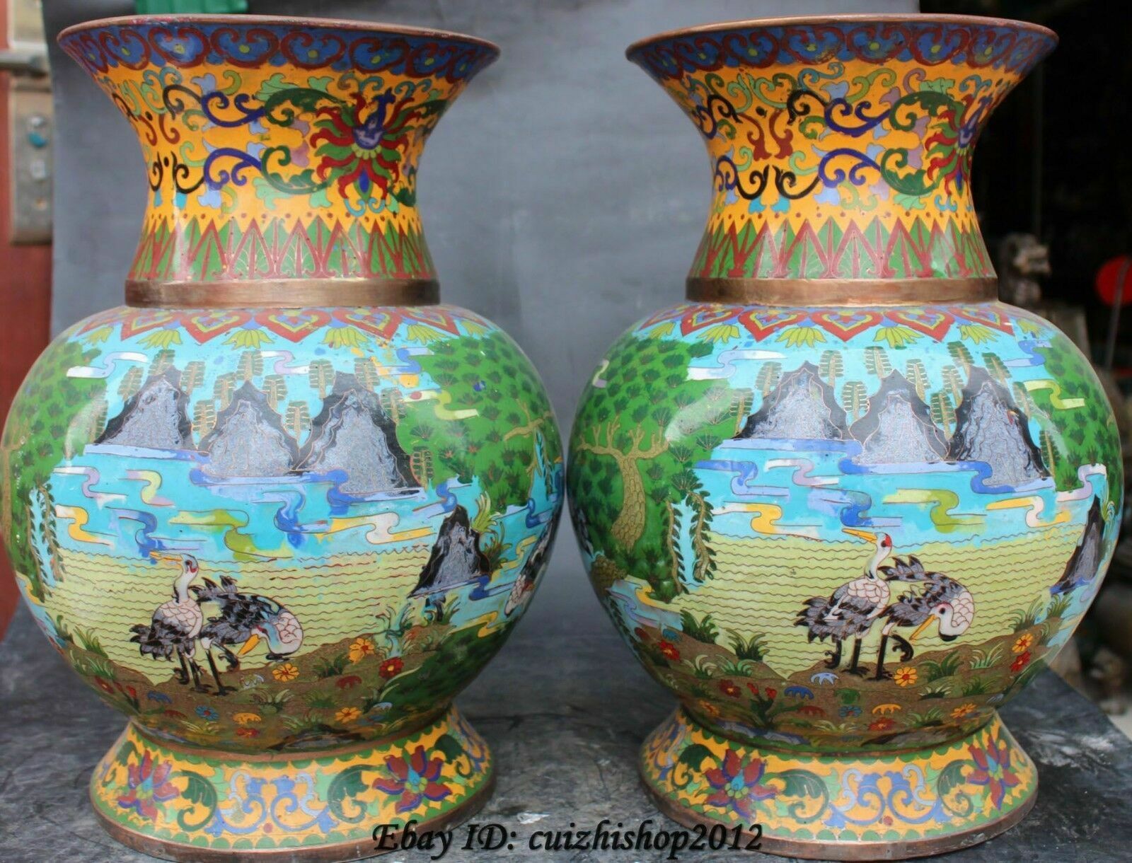 16" Chinese Bronze Cloisonne Enamel Red-crowned Crane Flower Bottle Vase Pair