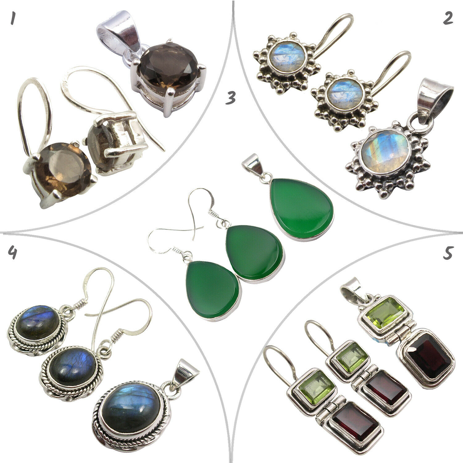 925 Silver Natural Green Onyx & Four Other Gemstone Jewelry Set Wholesale Lot