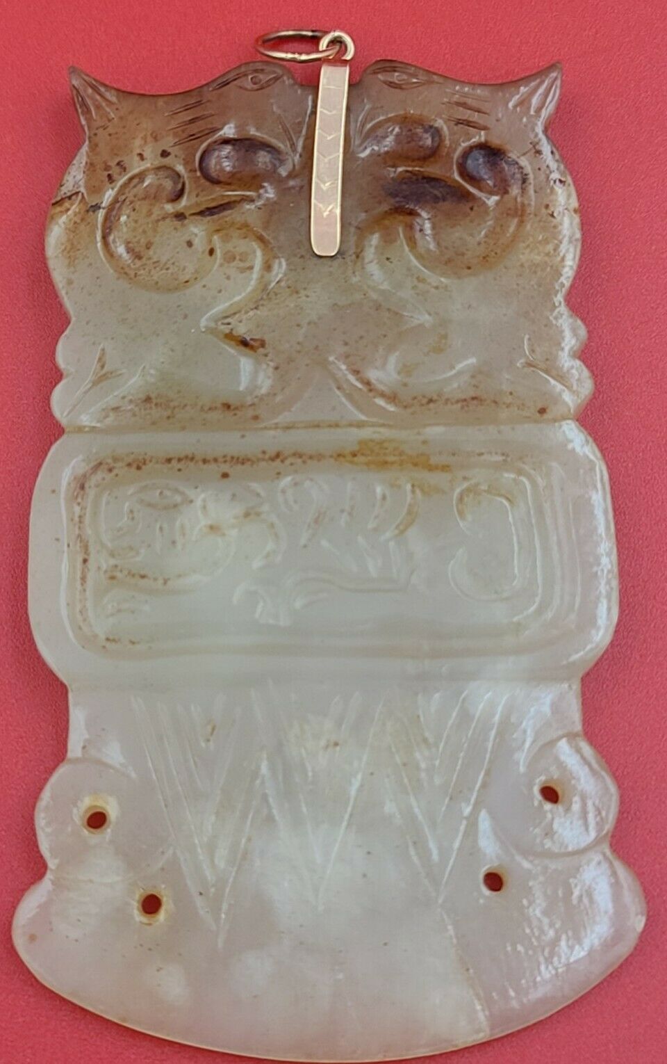 Late 19th Century Chinese Carved Jade Amulet/plaque. 14k Gold