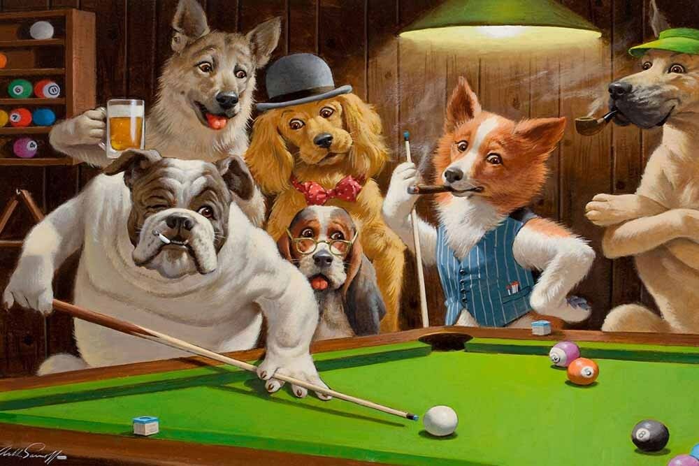 Home Art Wall Dogs Playing Pool Billiards Oil Painting Picture Printed On Canvas