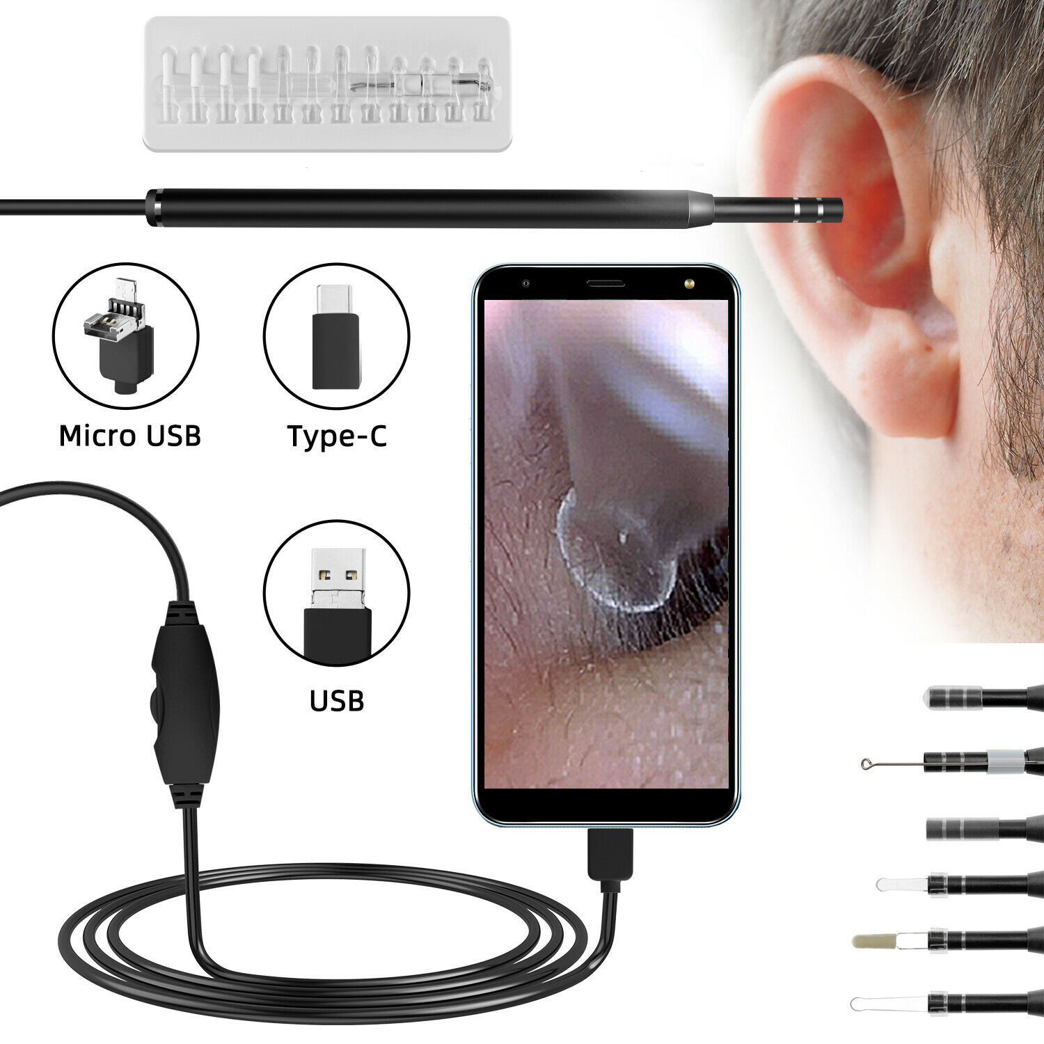 Led Otoscope Earpick Earwax Remover Cleaning Endoscope Hd Visual Ear Spoon Usb