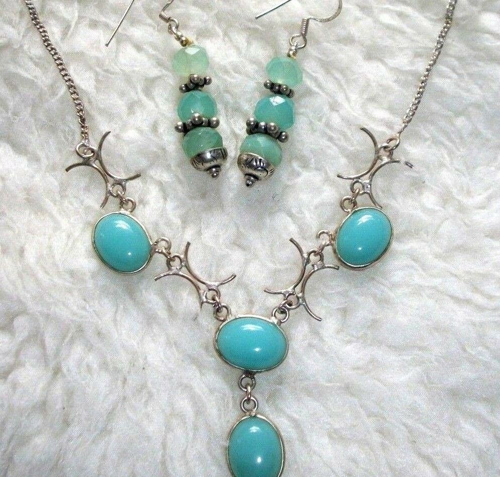 Stone Necklace With Earrings Set Aqua Blue Chalcedony Unique Tribal Look New