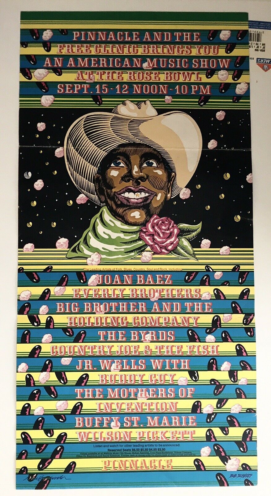 Vintage 1968 Pinnacle Concert Poster Joan Baez Big Brother Byrds Zappa Buddy Guy