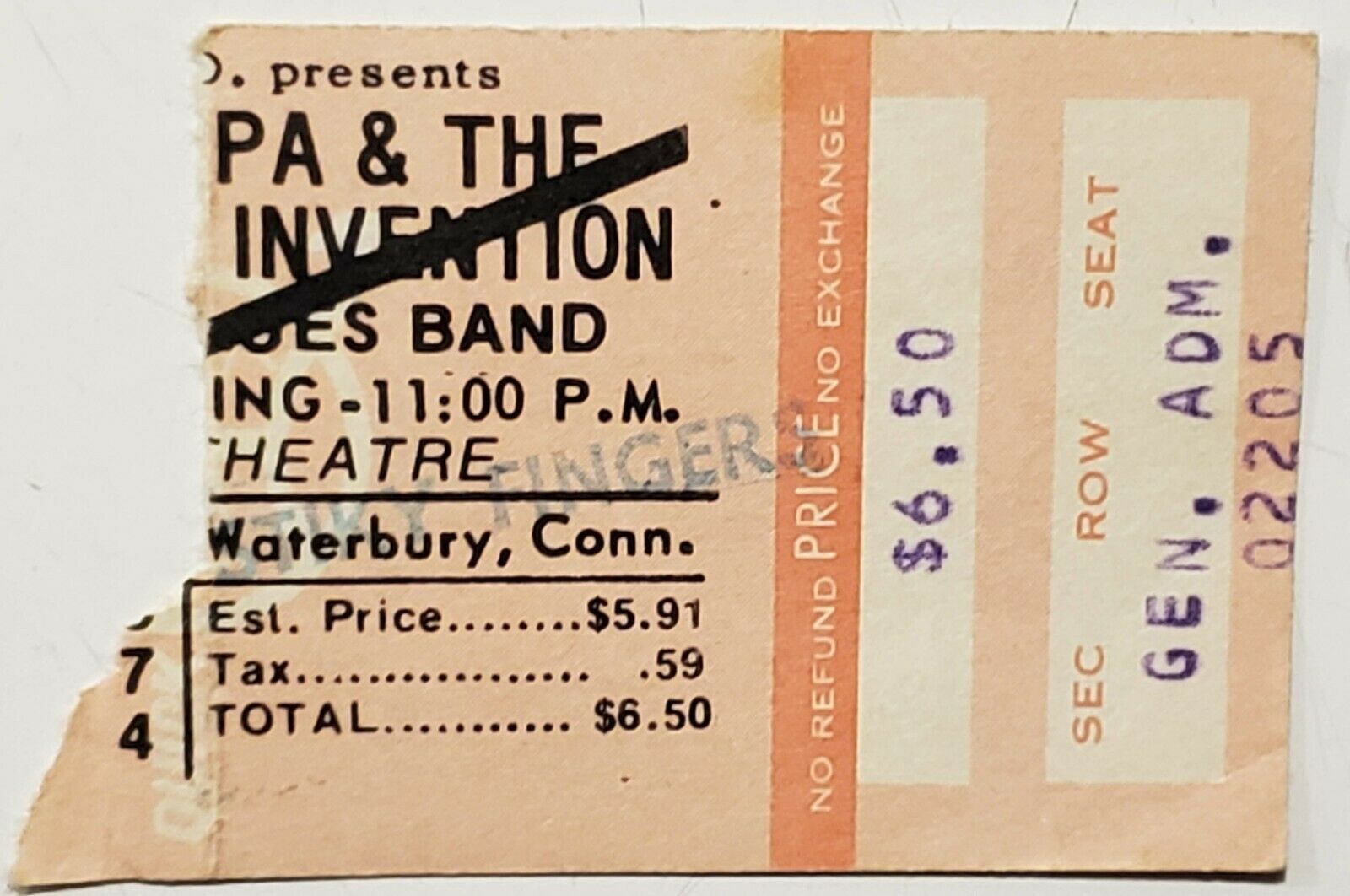 Frank Zappa Mothers Of Invention 1974 Ticket Stub Palace Theater Waterbury Ct