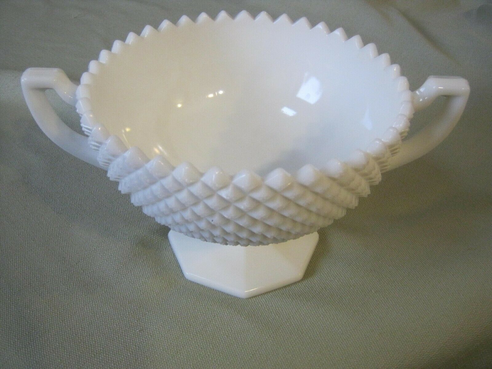 Vintage Westmoreland Milk Glass Hobnail Diamond Cut Handled Large Bowl Compote