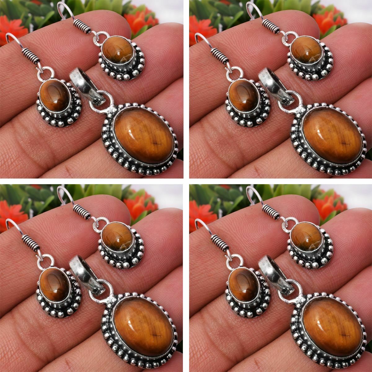 Tiger Eye 2pcs 925 Sterling Silver Plated Pendant Earring Sets Jewelry
