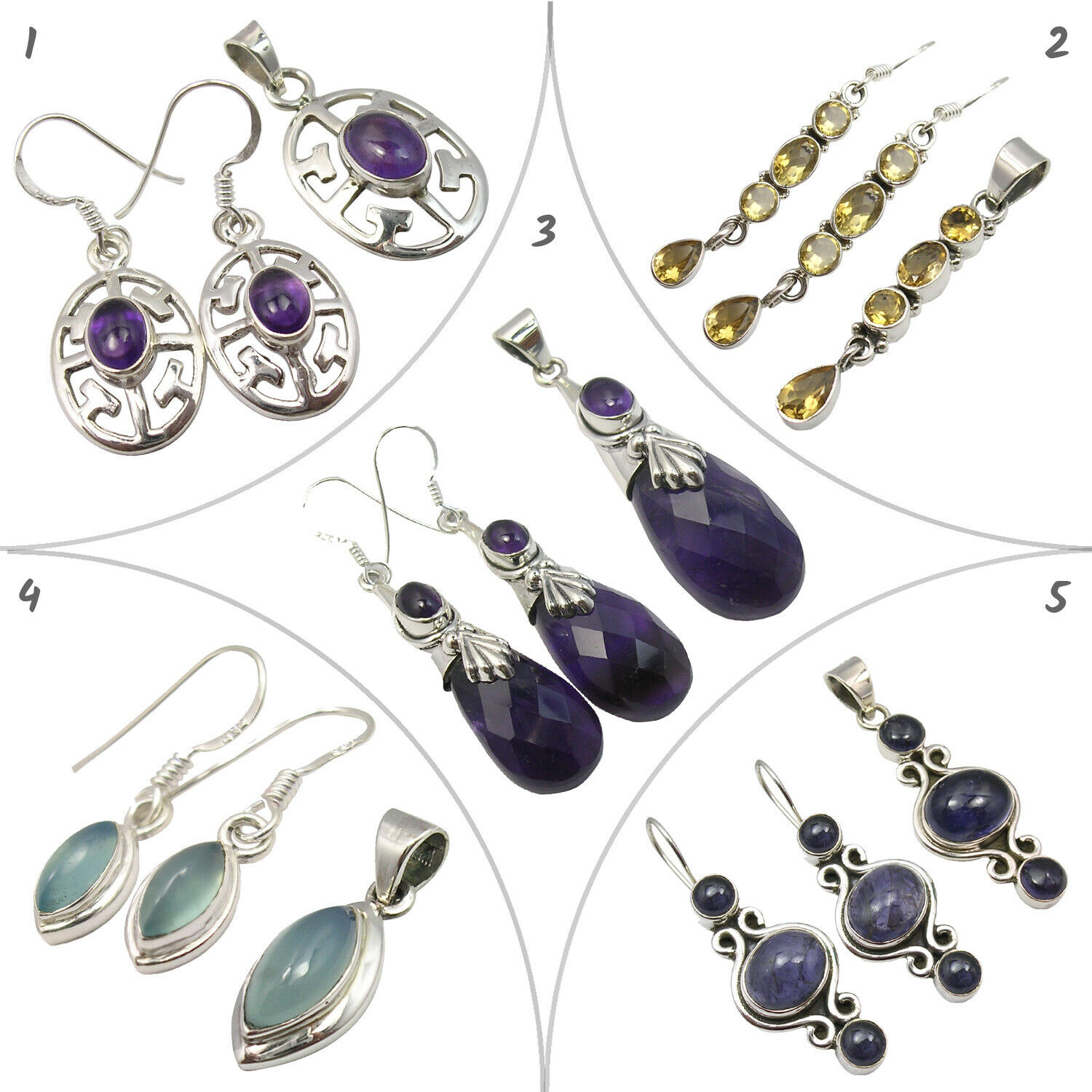 Silver 925 Natural Amethyst Gem Four Other Handmade Jewelry Set Wholesale Lot