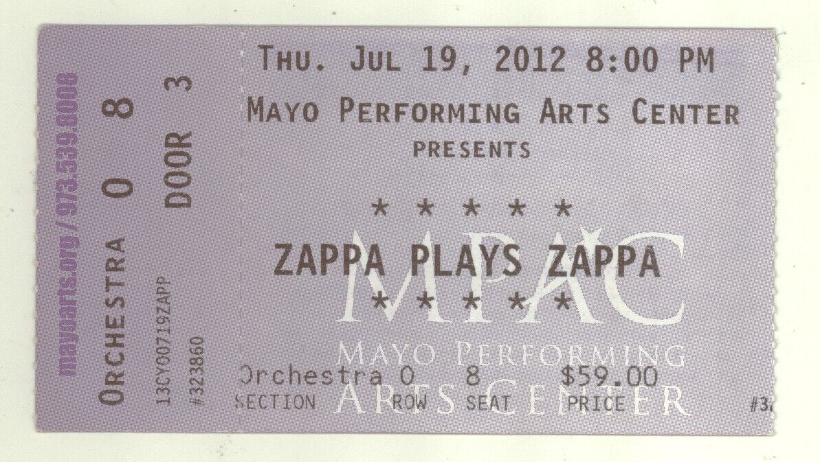 Dweezil Zappa Plays Zappa 7/19/12 Morristown Nj Rare Ticket Stub! Frank